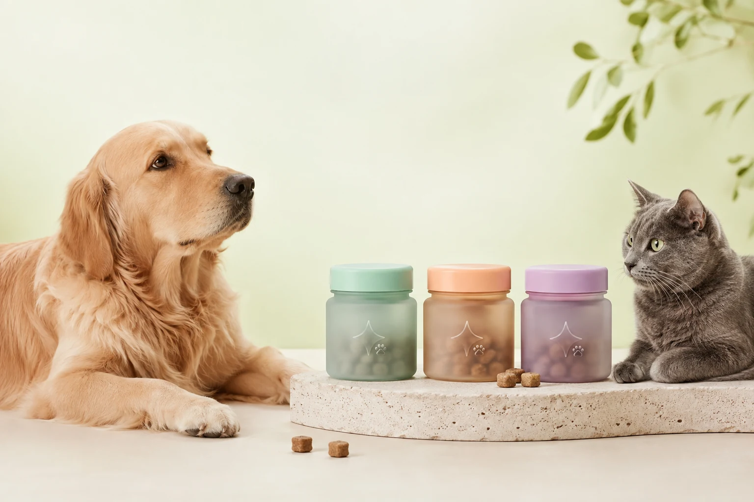 Concepto visual de la futura línea AURIA CARE para mascotas junto a un perro y un gato